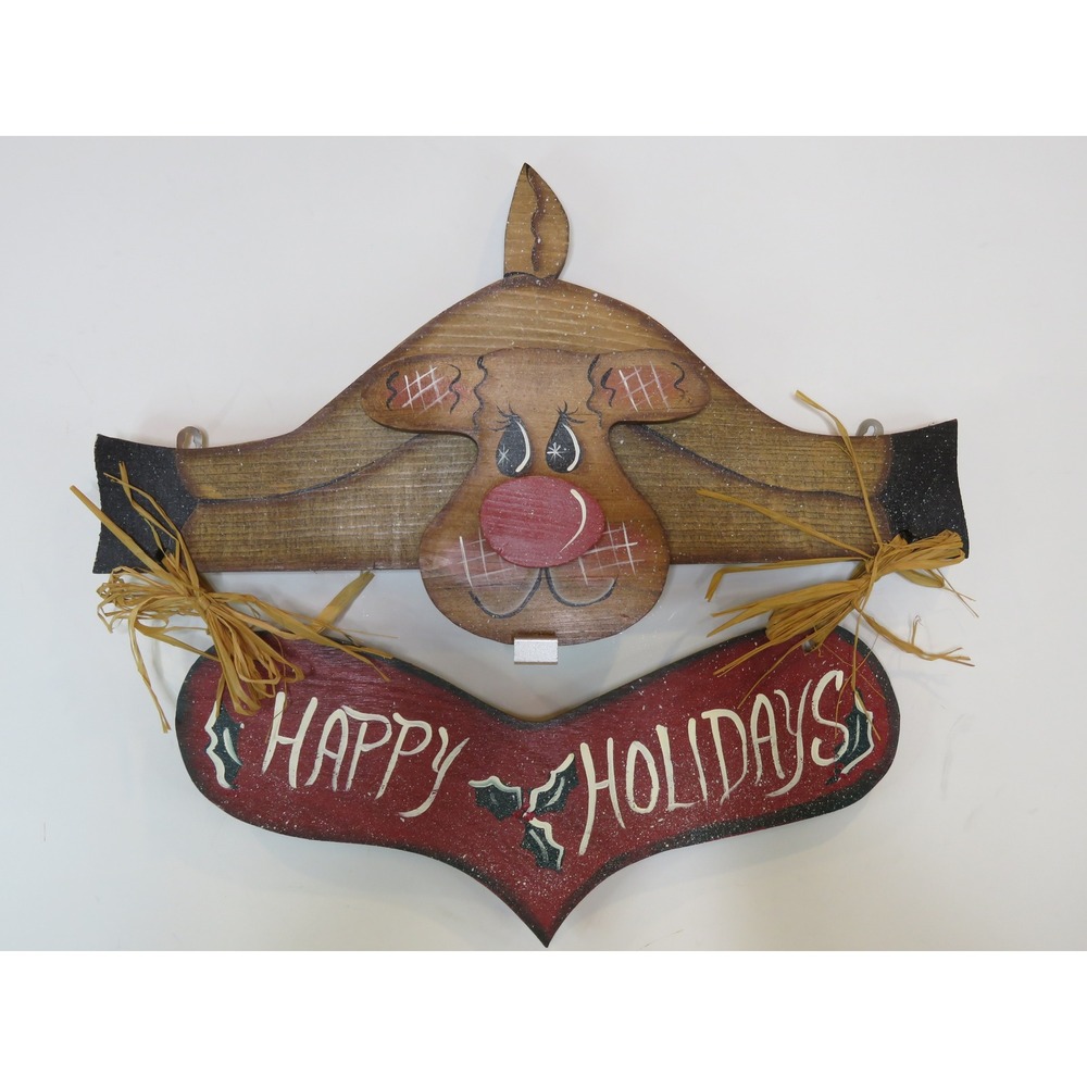 Rustic Wooden Reindeer Happy Holidays Wall Hanging Christmas Folk Art Decor